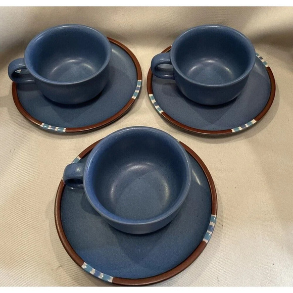 Dansk Mesa Sky‎ Blue Tea Cups Saucers Set of 3 Stoneware Made in Japan Vintage - Picture 2 of 6